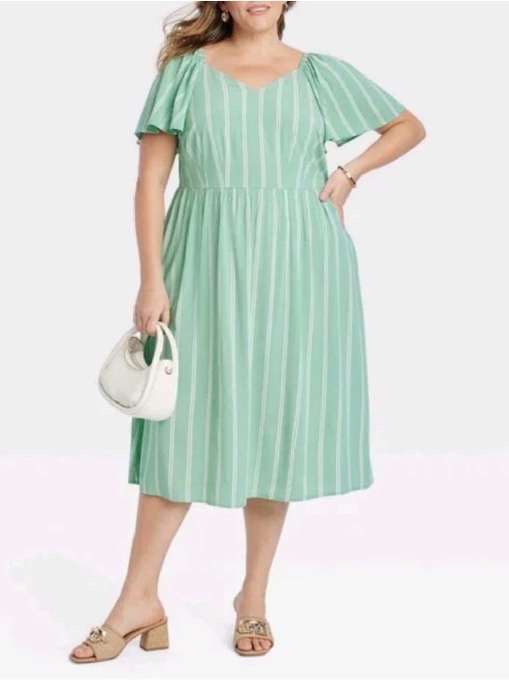 Ava & Viv - 1X with Pockets. Mint Green & White Striped Midi Dress